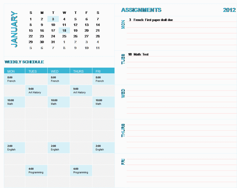 Student weekly planning calendar